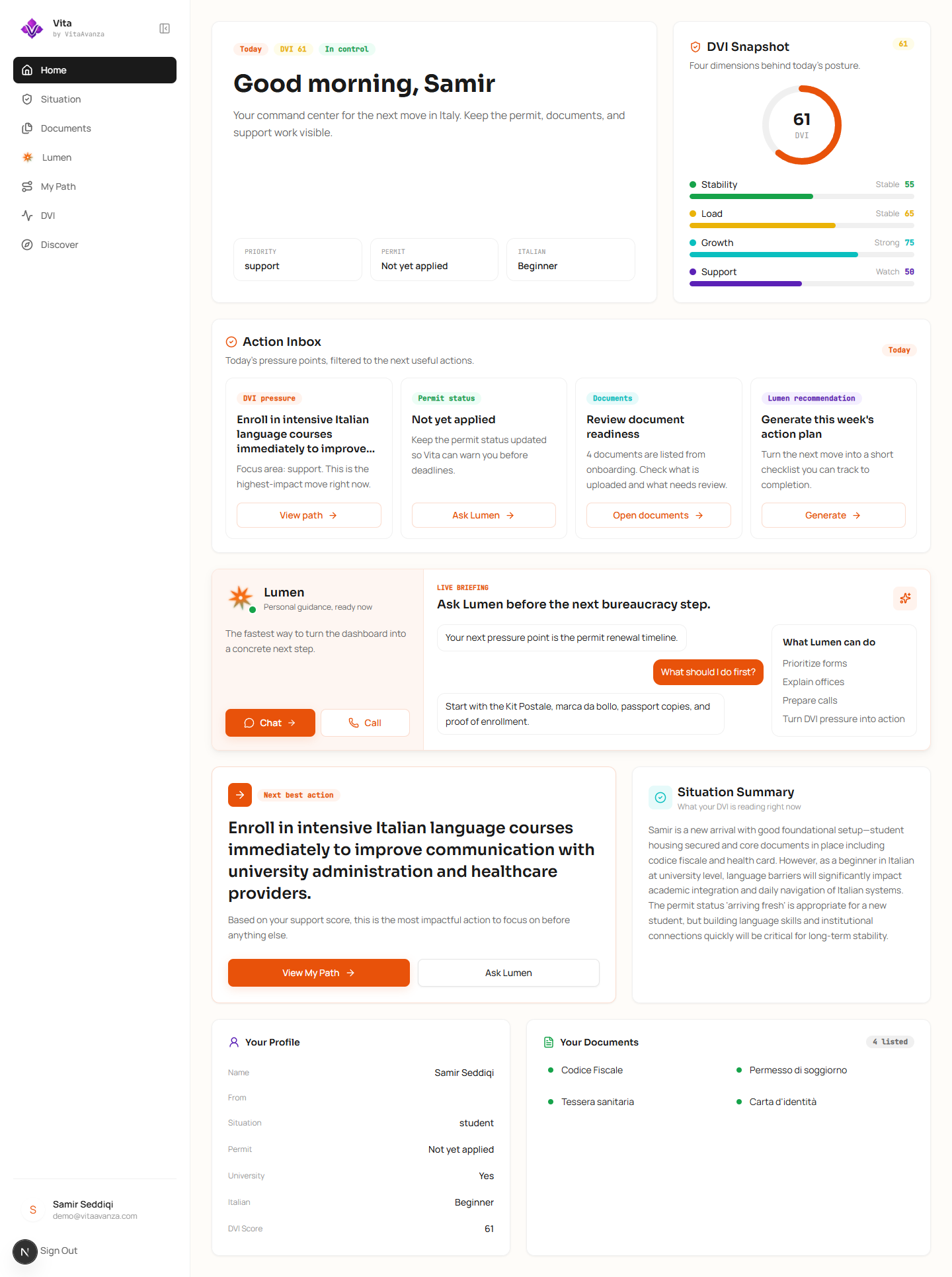 Vita user dashboard showing Action Inbox, Lumen guidance, and the Development Value Index snapshot.
