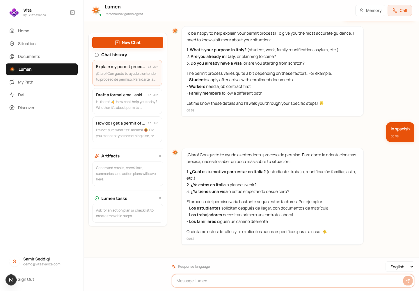 Lumen conversation screen with guidance, generated work, and user context.